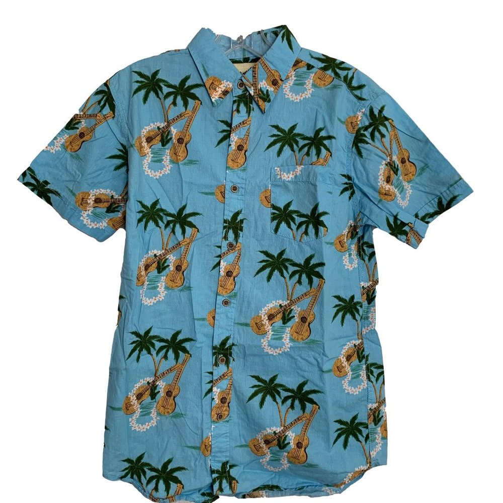 Coastal Mens Shirt Size Small Hawaiian Leis Ukulele Palm Trees Blue Cotton Camp